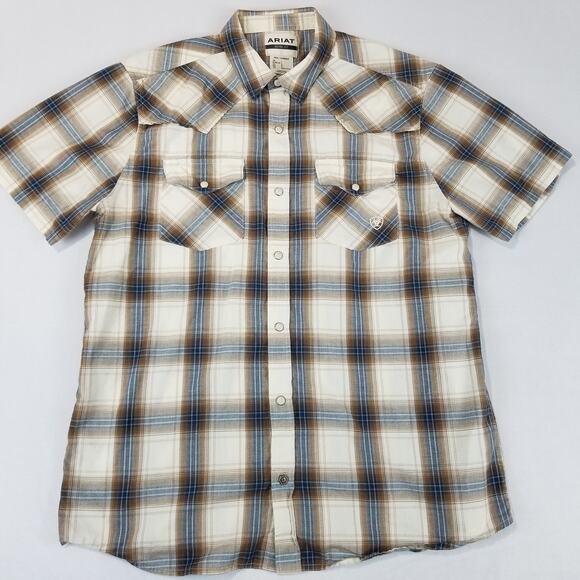 Ariat Other - Ariat Shirt Mens Large Brown Blue Plaid Retro Snap Short Sleeve Western Cowboy